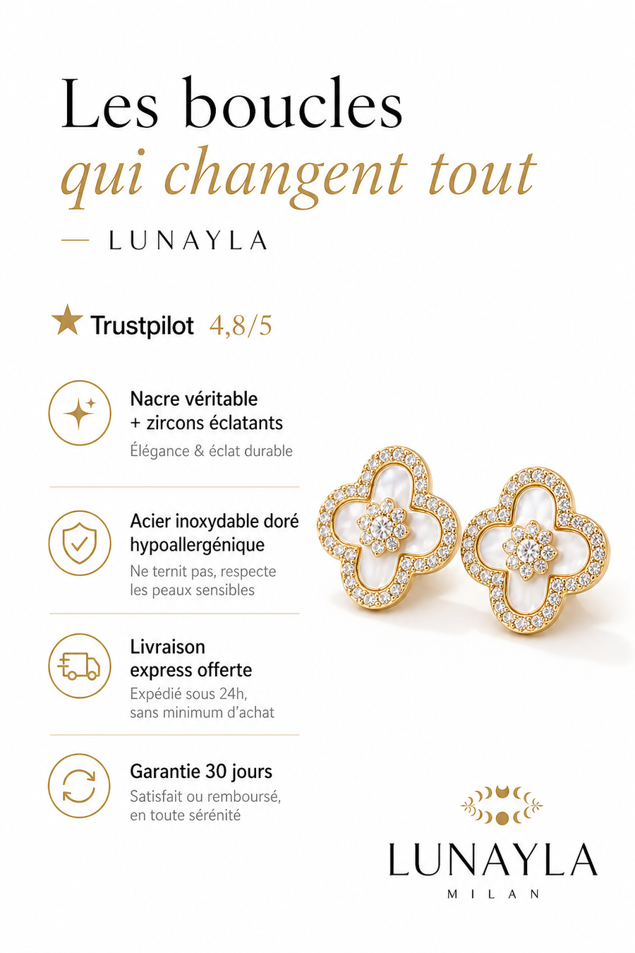Boucles d'oreilles trèfle nacre dorées Lunayla – photo 3