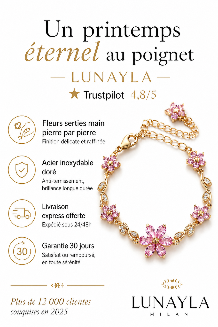 Bracelet fleurs de cerisier rose doré Lunayla – photo 3