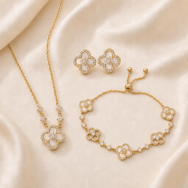 Parure complète trèfle nacre collier boucles bracelet Lunayla – photo 2